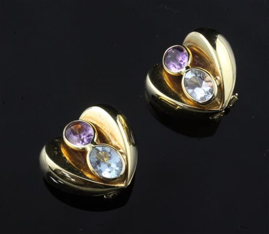 A pair of modern 18ct gold and gem set heart shaped ear clips, 20mm.